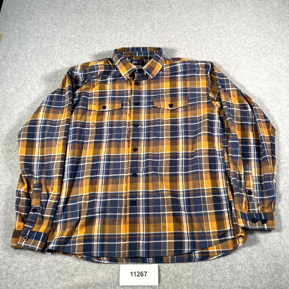 Patagonia Flannel Shirt Mens Large Orange Blue Plaid Cotton Collared Button Up